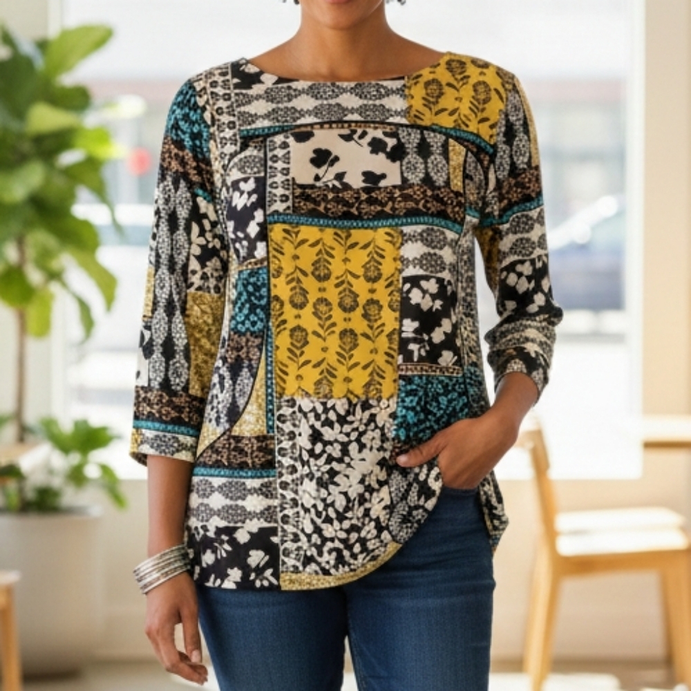 J. Jill Women's Floral Patchwork Blouse - Black, Yellow, White